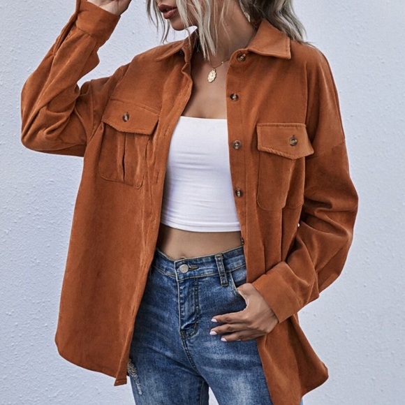 Tops - Rust brown oversized button down pocket shacket